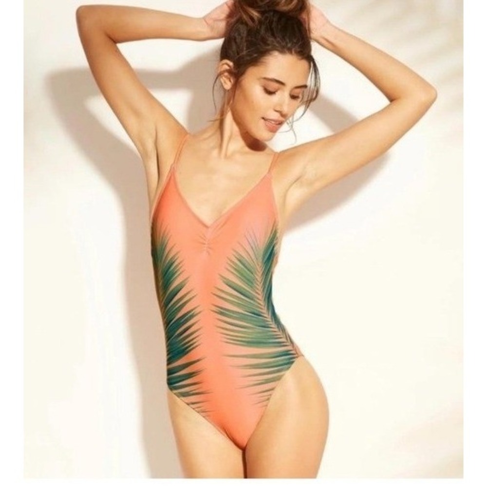 Xhilaration One Piece Swimsuit Women Small Coral Green NWT Tropical Palm Leaf